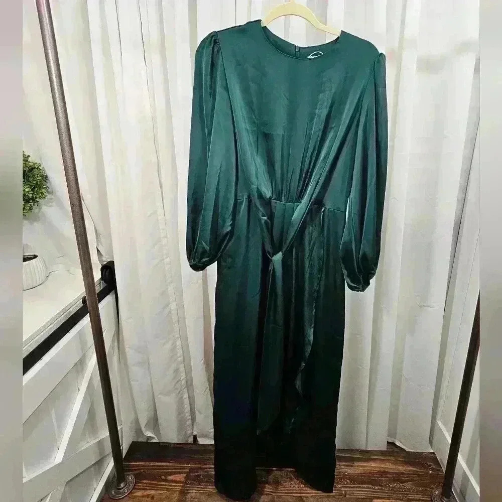 Pin Up Art Women's Size M 100% Satin Empire Waist Long Sleeve Maxi Dress NWT